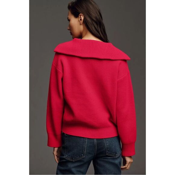 Anthropologie Red Crop Half-Zip Pullover Sweater Pockets Size XS Valentine's Day - Picture 3 of 16